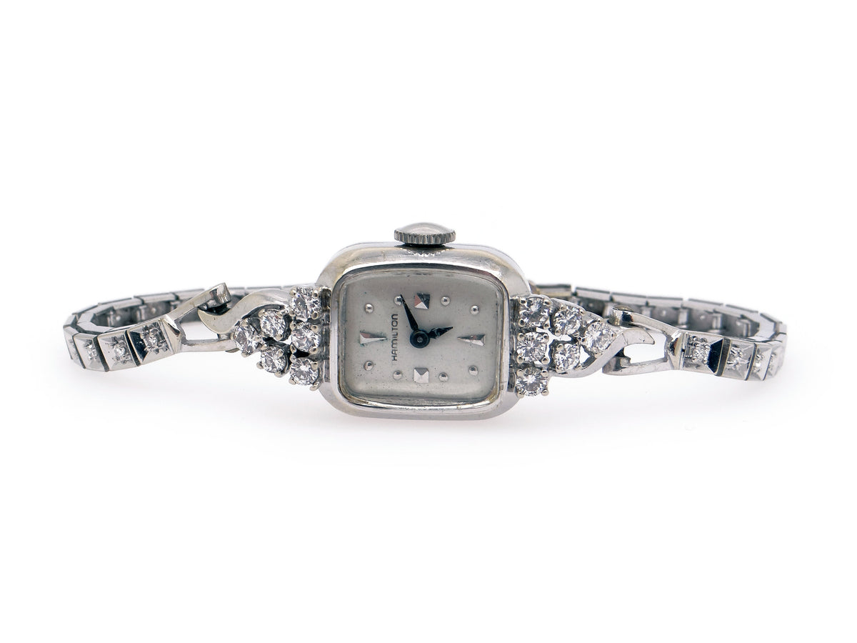 Hamilton 14k White Gold Diamond Watch Art Deco Cileone Jewelers